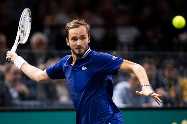 Paris, France, November 3, 2021 - Daniil Medvedev from Russia in action during his second round match against Ilya Ivashka from Belarus at the Rolex Paris Masters tennis tournament.  Copyright: xAlexisxSciardx