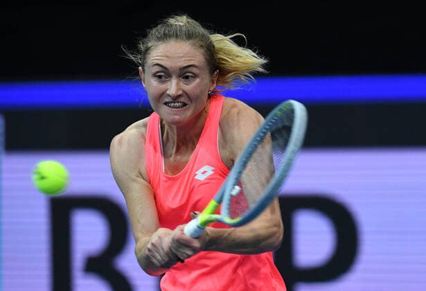 Aliaksandra Sasnovich of Belarus plays against Ajla Tomljanovic of Australia during Group B match of the women’s tennis Billie Jean King Cup (former Fed Cup) in Prague, Czech Republic, November 4, 2021. (CTKxPhoto KaterinaxSulova) CTKPhotoP2021110404956  suk023