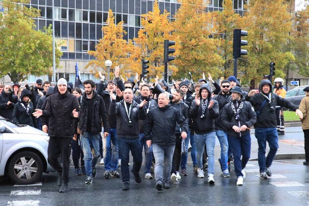 SOCCER - UEFA EL, Sociedad vs Sturm SAN SEBASTIAN,SPAIN,04.NOV.21 - SOCCER - UEFA Europa League, group stage, Real Sociedad vs SK Sturm Graz. Image shows fans of Sturm.  GEPAxpictures xMarioxBuehner