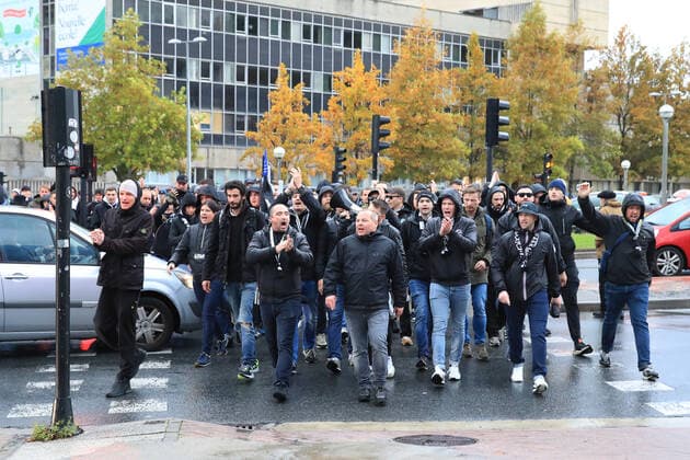 SOCCER - UEFA EL, Sociedad vs Sturm SAN SEBASTIAN,SPAIN,04.NOV.21 - SOCCER - UEFA Europa League, group stage, Real Sociedad vs SK Sturm Graz. Image shows fans of Sturm.  GEPAxpictures xMarioxBuehner