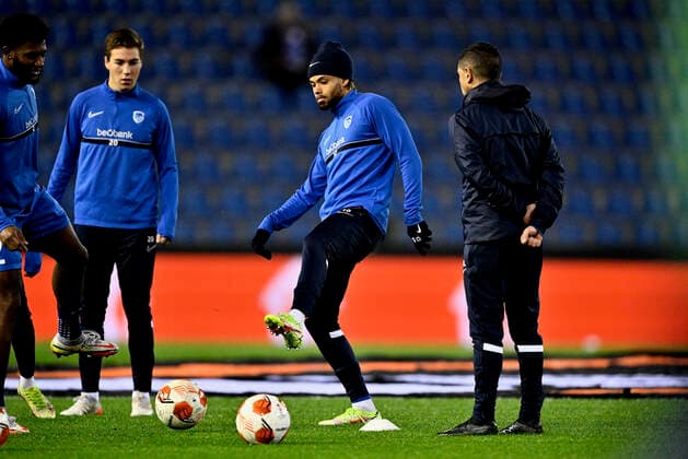 Genk s Theo Bongonda pictured before a soccer game between Belgian KRC Genk and English club West Ham United, Thursday 04 November 2021 in Genk, on the fourth day of the UEFA Europa League group stage, in group H. JOHANxEYCKENS  x3130737x