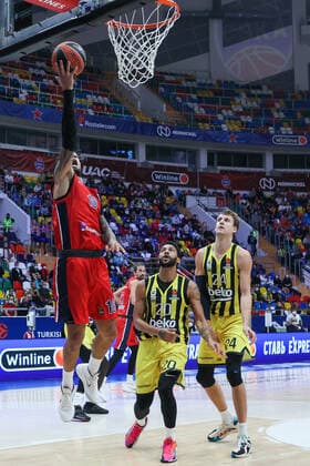 MOSCOW, RUSSIA - NOVEMBER 4, 2021: CSKA s Daniel Hackett, Fenerbahceâ€™s Pierria Henry and Jan Vesely (L-R) in action in the 2021 22 Euroleague regular season round 8 basketball match between CSKA Moscow and Fenerbahce Istanbul at the Megasport Arena. Gavriil Grigorov TASS  TS116CA0