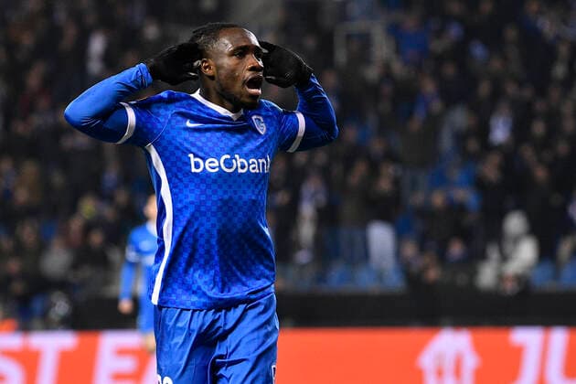 Genk s Joseph Paintsil celebrates after scoring the 1-0 goal during a soccer game between Belgian KRC Genk and English club West Ham United, Thursday 04 November 2021 in Genk, on the fourth day of the UEFA Europa League group stage, in group H. JOHANxEYCKENS  x3130768x