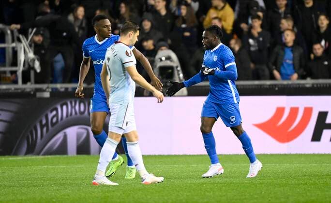 GENK, NOVEMBER 04 : Joseph Paintsil forward of KRC Genk celebrates after scoring pictured during the UEFA Europa League group H match between West Ham United and KRC Genk on NOVEMBER 4, 2021 in Genk, Belgium 04 11 2021 ( KRG Genk v West Ham Europa league PhotoNews Panoramic 