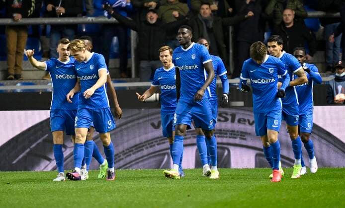 GENK, NOVEMBER 04 : Joseph Paintsil forward of KRC Genk celebrates after scoring pictured during the UEFA Europa League group H match between West Ham United and KRC Genk on NOVEMBER 4, 2021 in Genk, Belgium 04 11 2021 ( KRG Genk v West Ham Europa league PhotoNews Panoramic 