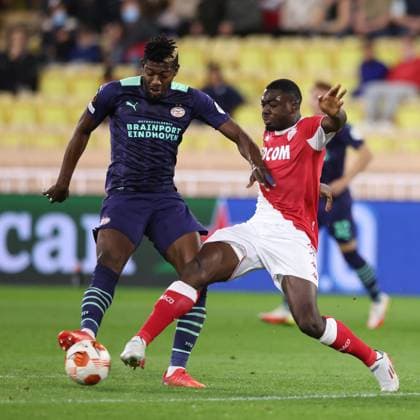 Monaco, Monaco, 4th November 2021. Djibril Sidibe of AS Monaco challenges Ibrahim Sangare of PSV Eindhoven during the UEFA Europa League match at Stade Louis II, Monaco. Picture credit should read: Jonathan Moscrop Sportimage EDITORIAL USE ONLY. No use with unauthorised audio, video, data, fixture lists, club league logos or live services. Online in-match use limited to 120 images, no video emulation. No use in betting, games or single club league player publications. SPI-1284-0007