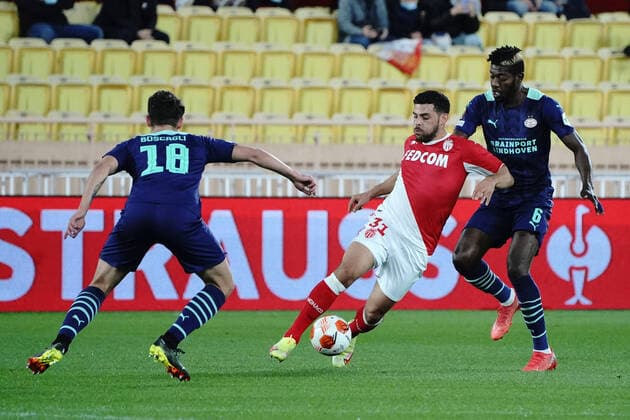 Kevin Volland (AS Monaco) - Ibrahim Sangare (PSV Eindhoven) - Olivier Boscagli (PSV Eindhoven) FOOTBALL : AS Monaco vs PSV Eindhoven - League Europa - Monaco - 04 11 2021 NorbertScanella Panoramic 