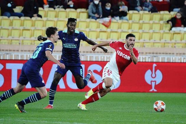 Kevin Volland (AS Monaco) - Ibrahim Sangare (PSV Eindhoven) - Olivier Boscagli (PSV Eindhoven) FOOTBALL : AS Monaco vs PSV Eindhoven - League Europa - Monaco - 04 11 2021 NorbertScanella Panoramic 