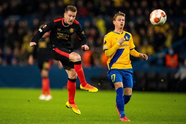 Mandatory Credit: Photo by Kirk O Rourke Shutterstock (12587237k) Steven Davis of Rangers has a shot during the Europa League match at Brøndby Stadium, Copenhagen. Brondby v Rangers, UEFA Europa League Group A, Football, Brondy Stadium, Brondbyvester, Denmark - 04 Nov 2021 Brondby v Rangers, UEFA Europa League Group A, Football, Brondy Stadium, Brondbyvester, Denmark - 04 Nov 2021 Copyright: xKirkxO Rourke Shutterstockx 12587237k