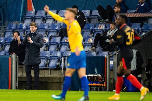 Mandatory Credit: Photo by Kirk O Rourke Shutterstock (12587237p) Rangers Manager Steven Gerrard during the Europa League match at Brøndby Stadium, Copenhagen. Brondby v Rangers, UEFA Europa League Group A, Football, Brondy Stadium, Brondbyvester, Denmark - 04 Nov 2021 Brondby v Rangers, UEFA Europa League Group A, Football, Brondy Stadium, Brondbyvester, Denmark - 04 Nov 2021 Copyright: xKirkxO Rourke Shutterstockx 12587237p