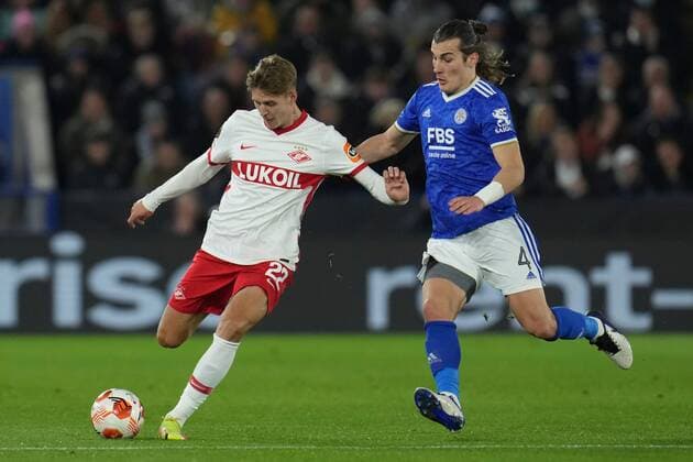 Mandatory Credit: Photo by Joe Toth Shutterstock (12587450q) Mikhail Ignatov of Spartak Moscow (22) and Çaglar Söyüncü of Leicester City (4) Leicester City v Spartak Moscow, UEFA Europa League Group C, Football, King Power Stadium, Leicester, UK - 04 No 2021 Leicester City v Spartak Moscow, UEFA Europa League Group C, Football, King Power Stadium, Leicester, UK - 04 No 2021  Copyright: xJoexToth Shutterstockx 12587450q