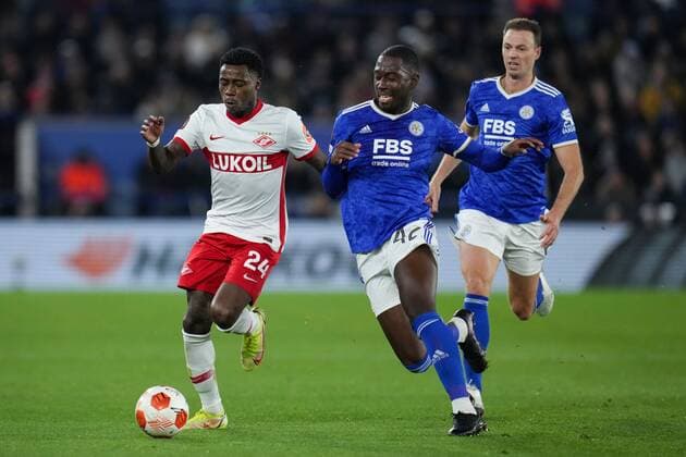 Mandatory Credit: Photo by Joe Toth Shutterstock (12587450r) Quincy Promes of Spartak Moscow (24) and Boubakary Soumaré of Leicester City (42) Leicester City v Spartak Moscow, UEFA Europa League Group C, Football, King Power Stadium, Leicester, UK - 04 No 2021 Leicester City v Spartak Moscow, UEFA Europa League Group C, Football, King Power Stadium, Leicester, UK - 04 No 2021  Copyright: xJoexToth Shutterstockx 12587450r