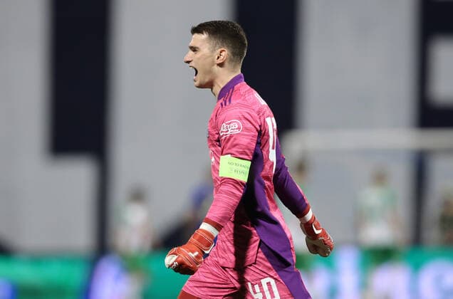 Dinamo Zagreb v Rapid Wien: Group H - UEFA Europa League Goalkeeper Dominik Livakovic of Dinamo Zagreb celebrate a goal during the UEFA Europa League group H match between Dinamo Zagreb and Rapid Wien at Maksimir Stadium on November 4, 2021 in Zagreb, Croatia. LukaxStanzl PIXSELL