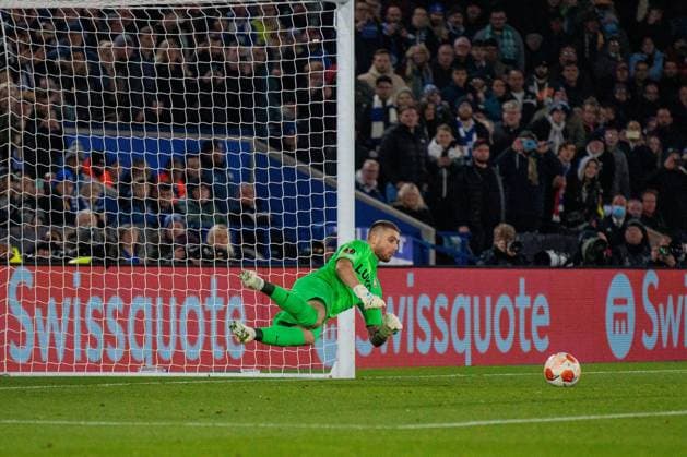 Leicester City v Spartak Moscow Europa League 04 11 2021. PENALTY - Spartak Moscow Goalkeeper Aleksandra Selikhov (57) saves from Leicester City Forward Jamie Vardy (9)during the Europa League match between Leicester City and Spartak Moscow at the King Power Stadium, Leicester, England on 4 November 2021. Leicester King Power Stadium Leicestershire England Editorial use only , Copyright: xJohnxMallettx PSI-13965-0037