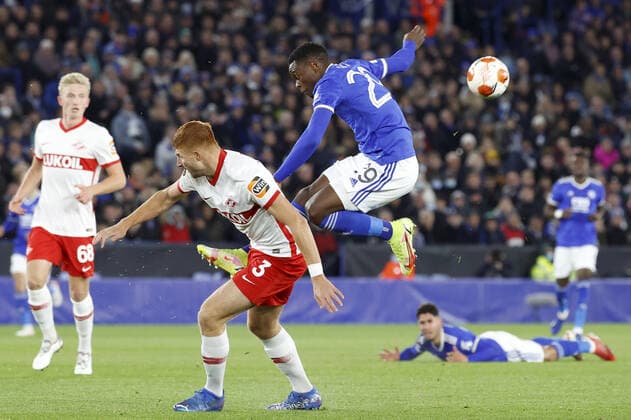 LEICESTER, UNITED KINGDOM - NOVEMBER 4, 2021: Spartak s Ruslan Litvinov, Maximiliano Caufriez, and Leicesterâ€™s Patson Daka (L-R) in action in the 2021 22 UEFA Europa League Group C Round 4 match between Leicester City FC and Spartak Moscow at the King Power Stadium. Grigory Dukor TASS  TS116D3E