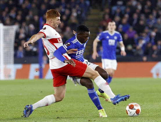 LEICESTER, UNITED KINGDOM - NOVEMBER 4, 2021: Spartak s Ayrton (L) and Leicesterâ€™s Patson Daka in action in the 2021 22 UEFA Europa League Group C Round 4 match between Leicester City FC and Spartak Moscow at the King Power Stadium. Grigory Dukor TASS  TS116D6E