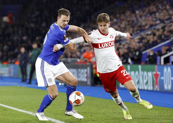 LEICESTER, UNITED KINGDOM - NOVEMBER 4, 2021: Leicesterâ€™s Jonny Evans (L) and Spartak s Mikhail Ignatov in action in the 2021 22 UEFA Europa League Group C Round 4 match between Leicester City FC and Spartak Moscow at the King Power Stadium. Grigory Dukor TASS  TS116D78