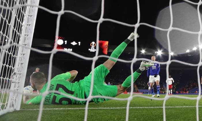 Leicester, England, 4th November 2021. Aleksandr Selikhov of Spartak Moscow saves Jamie Vardy of Leicester City penalty kick during the UEFA Europa League match at the King Power Stadium, Leicester. Picture credit should read: Darren Staples Sportimage EDITORIAL USE ONLY. No use with unauthorised audio, video, data, fixture lists, club league logos or live services. Online in-match use limited to 120 images, no video emulation. No use in betting, games or single club league player publications. SPI-1300-0037