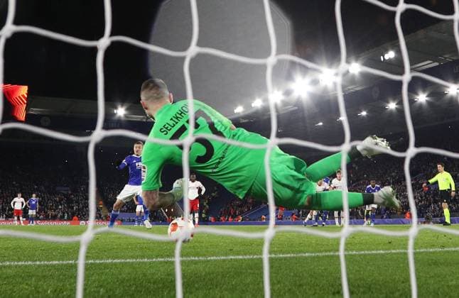 Leicester, England, 4th November 2021. Aleksandr Selikhov of Spartak Moscow saves Jamie Vardy of Leicester City penalty kick during the UEFA Europa League match at the King Power Stadium, Leicester. Picture credit should read: Darren Staples Sportimage EDITORIAL USE ONLY. No use with unauthorised audio, video, data, fixture lists, club league logos or live services. Online in-match use limited to 120 images, no video emulation. No use in betting, games or single club league player publications. SPI-1300-0039
