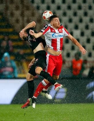 (211105) -- BELGRADE, Nov. 5, 2021 -- Red Star s Milan Pavkov (R) vies with Midtjylland s Erik Sviatchenko during the UEFA Europa League Group F football match between Crvena Zvezda and Midtjylland in Belgrade, Serbia on Nov. 4, 2021. (Photo by Xinhua) (SP)SERBIA-BELGRADE-FOOTBALL-UEFA-RED STAR VS MIDTJYLLAND PredragxMilosavljevic 