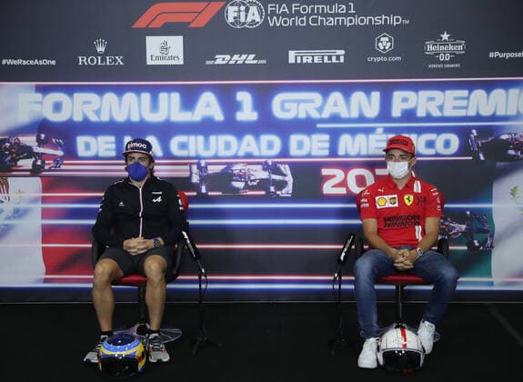 F1 Grand Prix of Mexico 14 Fernando Alonso (ESP, Alpine F1 Team), 16 Charles Leclerc (MON, Scuderia Ferrari Mission Winnow), F1 Grand Prix of Mexico at Autodromo Hermanos Rodriguez on November 4, 2021 in Mexico City, Mexico. (Photo by Edgard Garrido REUTERS FIA Pool via HOCH ZWEI) Mexico City Mexico Poolfoto HOCH ZWEI Pool REUTERS ,EDITORIAL USE ONLY