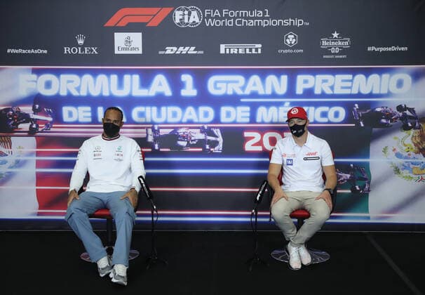 F1 Grand Prix of Mexico 44 Lewis Hamilton (GBR, Mercedes-AMG Petronas F1 Team), 9 Nikita Mazepin (RUS, Haas F1 Team), F1 Grand Prix of Mexico at Autodromo Hermanos Rodriguez on November 4, 2021 in Mexico City, Mexico. (Photo by Edgard Garrido REUTERS FIA Pool via HOCH ZWEI) Mexico City Mexico Poolfoto HOCH ZWEI Pool REUTERS ,EDITORIAL USE ONLY
