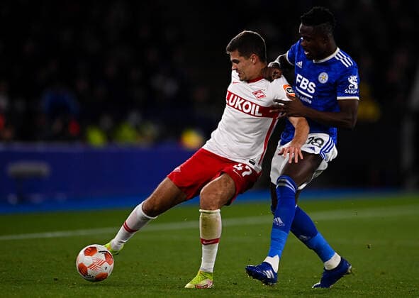 Britain Soccer Champions League Leicester - Spartak 6689074 04.11.2021 Spartak?s Roman Zobnin and Leicester?s Daniel Amartey struggle for the ball during the Champions League soccer match between Leicester and Spartak Moscow at the King Power Stadium, in Leicester, Great Britain. Alexey Filippov Sputnik Leicester United Kingdom  Copyright: xAlexeyxFilippovx