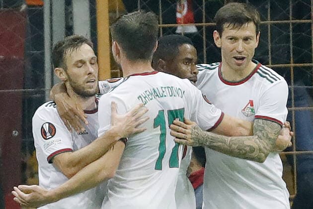 ISTANBUL, TURKEY - NOVEMBER 4, 2021: Lokomotivâ€™s Maciej Rybus, Rifat Zhemaletdinov, Francois Kamano, and Fedor Smolov (L-R) celebrate a goal in the 2021 22 UEFA Europa League Group E Round 4 match between Galatasaray Istanbul and Lokomotiv Moscow at the Ali Sami Yen Sports Complex. Mikhail Japaridze TASS  TS116D23