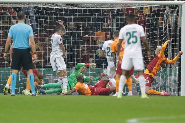 ISTANBUL, TURKEY - NOVEMBER 4, 2021: Goalmouth action by Galatasaray s goalkeeper Fernando Musleraâ€™s goal in the 2021 22 UEFA Europa League Group E Round 4 match between Galatasaray Istanbul and Lokomotiv Moscow at the Ali Sami Yen Sports Complex. Mikhail Japaridze TASS  TS116D28