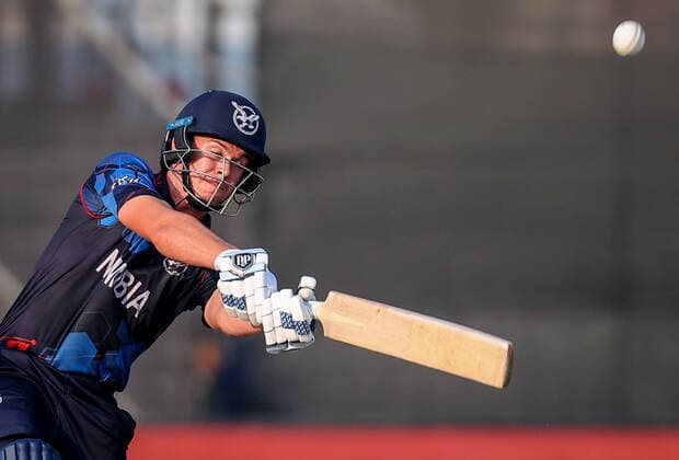 5th November 2021; Sharjah, UAE; Michael van Lingen of Namibia hits a boundary shot during the ICC Men s T20 World Cup cricket match between New Zealand and Namibia at the Sharjah Cricket Stadium, Sharjah, UAE  ActionPlus12337096 DAVIDxGRAY