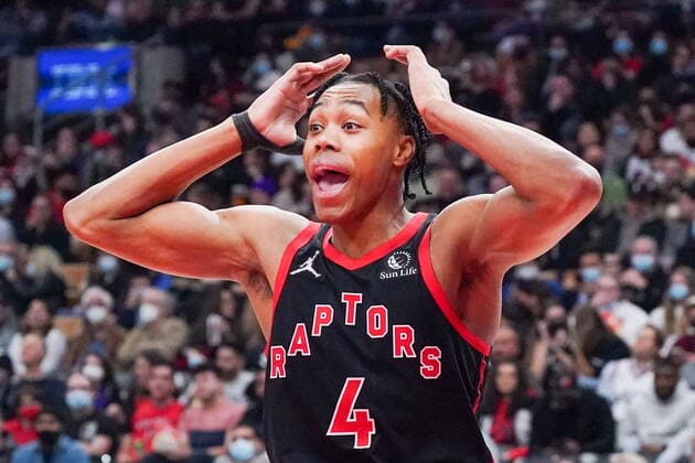 November 5, 2021, Toronto, ON, Canada: Toronto Raptors forward Scottie Barnes (4) reacts to a foul call in a game against the Cleveland Cavaliers during second half NBA, Basketball Herren, USA action in Toronto on Friday, November 5, 2021. Canada News - November 5, 2021  - ZUMAc35_ 20211105_zaf_c35_116 Copyright: xEvanxBuhlerx
