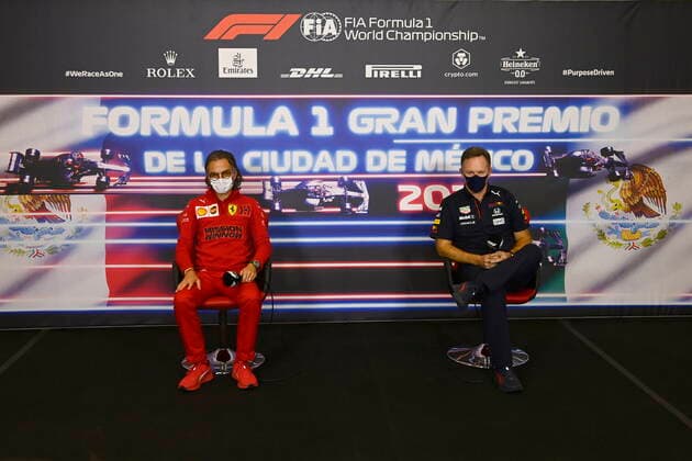 F1 Grand Prix of Mexico Laurent Mekies (FRA, Scuderia Ferrari Mission Winnow), Christian Horner (GBR, Red Bull Racing), F1 Grand Prix of Mexico at Autodromo Hermanos Rodriguez on November 5, 2021 in Mexico City, Mexico. (Photo by Mark Sutton LAT Motorsport Images FIA Pool via HOCH ZWEI) Mexico City Mexico Poolfoto HOCH ZWEI Pool Motorsport Images ,EDITORIAL USE ONLY