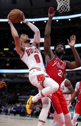 December 30, 2044, Chicago, IL, USA: The Chicago Bulls Zach LaVine (8) drives against the Philadelphia 76ers Joel Embiid (21) in the first half at the United Center in Chicago on Saturday, Nov. 6, 2021. Chicago USA - ZUMAm67_ 0141231032st Copyright: xChrisxSwedax