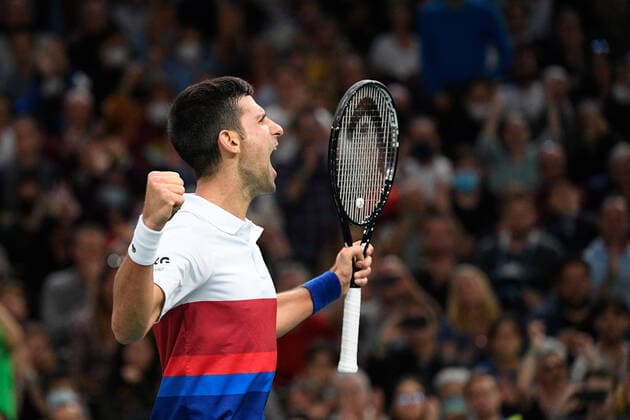 Novak Djokovic SRB cheers, celebrates during the Rolex Paris Master 2021 at the Accord Arena on saturday november 6, 2021 Paris France Copyright: AntonioxBorga