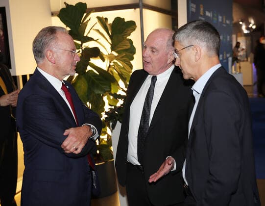 Bavarias Minister of the Interior Joachim Herrmann honours Karl Heinz Rummenigge with the Bavarian Sports Award 2021for his lifes work in sport Karl Heinz Rummenigge, Uli Hoeneß and Herbert Hainer in the foyer of BMW Welt Munich Bavaria Germany BMW Welt
