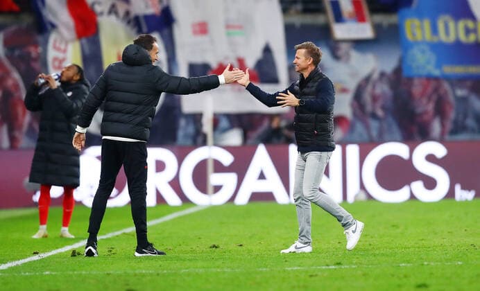 RB Leipzig Dortmund 06 11 2021 Leipzig, 06 11 2021, Red Bull Arena, Fussball Bundesliga, 11 Spieltag , RB Leipzig vs BVB Borussia Dortmund 2 1 1 0 , In picture f l goalkeeping coach Frederik Goessling Goessling RB Leipzig and coach Jesse Marsch RB Leipzig , Schlussjubel , DFL regulations prohibit any use of photographs as image sequences and or quasi video , Picture Point