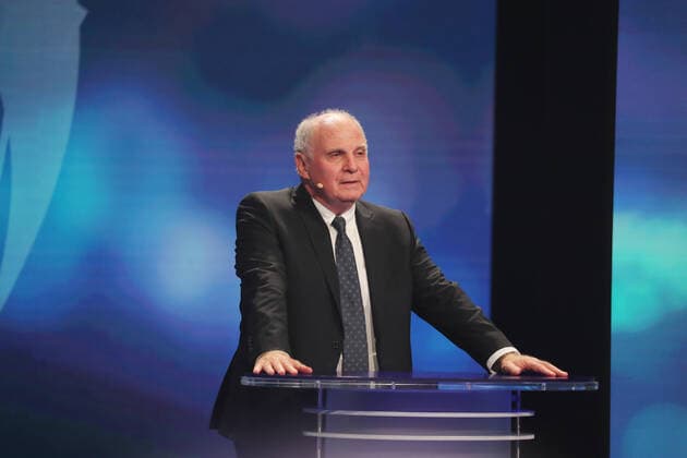 Bavarias Minister of the Interior Joachim Herrmann honours Karl Heinz Rummenigge with the Bavarian Sports Award 2021for his lifes work in sport Uli Hoeneß holds the laudation for Karl Heinz Rummenigge Munich Bavaria Germany BMW World