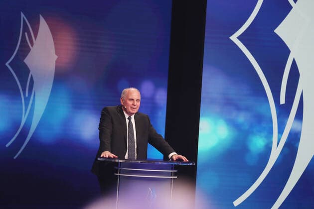 Bavarias Minister of the Interior Joachim Herrmann honours Karl Heinz Rummenigge with the Bavarian Sports Award 2021for his lifes work in sport Uli Hoeneß holds the laudation for Karl Heinz Rummenigge Munich Bavaria Germany BMW World
