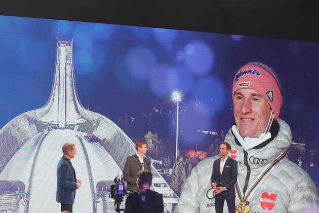 Bavarias Minister of the Interior Joachim Herrmann honours Karl Geiger with the Bavarian Sports Award 2021 as Ambassador of Bavarian Sports Markus Othmer, Karl Geiger and Sven Hannawld Munich Bavaria Germany BMW Welt
