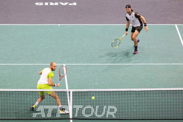 Paris, France, November 7, 2021 - Tim Puetz from Germany and Michael Venus from New Zealand in action during their doubles final match against French players Pierre Hugues Herbert and Nicolas Mahut, at the Rolex Paris Masters tennis tournament.  Copyright: xAlexisxSciardx