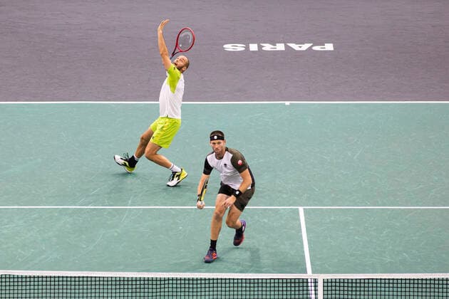 Paris, France, November 7, 2021 - Tim Puetz from Germany and Michael Venus from New Zealand in action during their doubles final match against French players Pierre Hugues Herbert and Nicolas Mahut, at the Rolex Paris Masters tennis tournament.  Copyright: xAlexisxSciardx