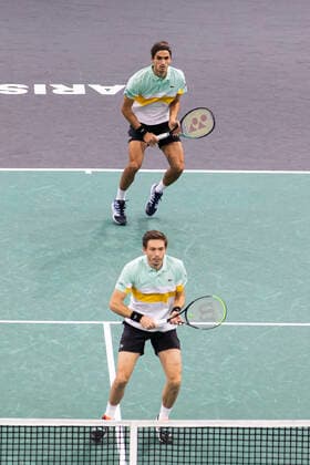 Paris, France, November 7, 2021 - French players Pierre Hugues Herbert and Nicolas Mahut in action during their doubles final match against Tim Puetz from Germany and Michael Venus from New Zealand, at the Rolex Paris Masters tennis tournament.  Copyright: xAlexisxSciardx