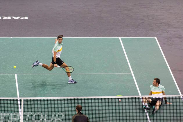 Paris, France, November 7, 2021 - French players Pierre Hugues Herbert (L) and Nicolas Mahut (R) in action during their doubles final match against Tim Puetz from Germany and Michael Venus from New Zealand, at the Rolex Paris Masters tennis tournament.  Copyright: xAlexisxSciardx