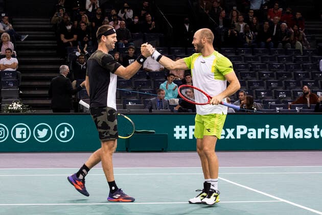 Paris, France, November 7, 2021 - Tim Puetz from Germany and Michael Venus from New Zealand reacts after winning their doubles final match against French players Pierre Hugues Herbert and Nicolas Mahut, at the Rolex Paris Masters tennis tournament.  Copyright: xAlexisxSciardx