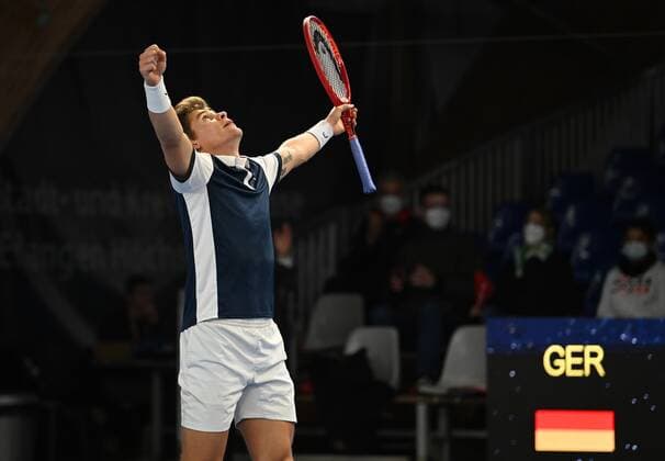 07 11 2021 Tennis ATP Challenger Tour Challenger Eckental Int German Tennis Indoor Championships Final Daniel Masur GER clenches fist fists cheers joy victory pose