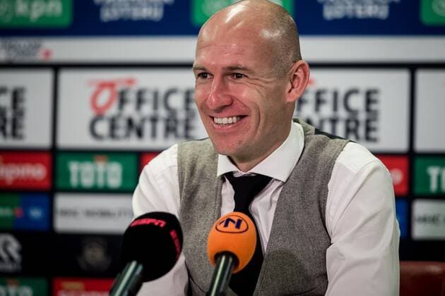 GRONINGEN Arjen Robben addresses the press after the Dutch Eredivisie match between FC Groningen and RKC Waalwijk at the Euroborg stadium on November 7, 2021 in Groningen, the Netherlands ANP COR LASKER Dutch Eredivisie 2021 2022 xVIxANPxSportx xxANPxIVx 440310850