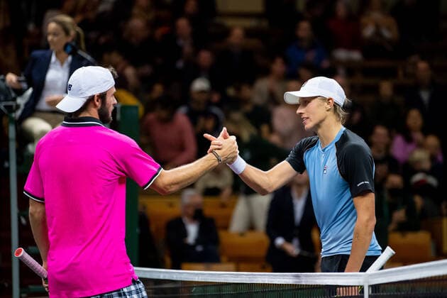 211107 Tommy Paul of USA and Leo Borg of Sweden in Singles round one during the Stockholm Open tennis tournament on November 7, 2021 in Stockholm Photo Joel Marklund BILDBYRAN kod JM JM0214 bbeng tennis stockholm open,  Copyright: JOELxMARKLUND BB211107JM017