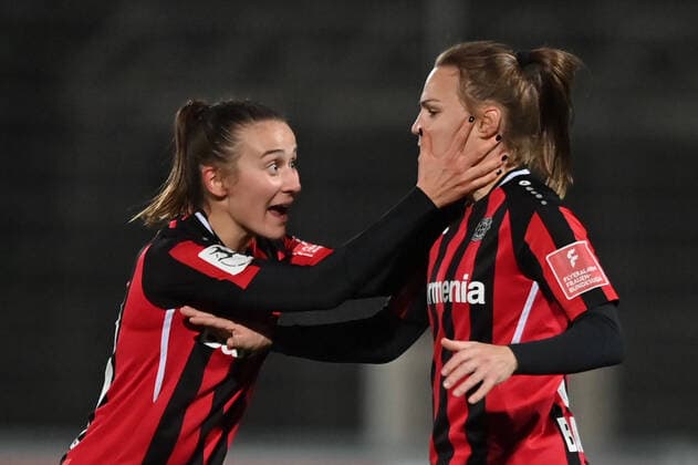 Jubel, Freuen, celebrate, happy, cheer , Goal Celebration Lara Marti B04, 30 mit Torschützin Dora Zeller B04, 19 1 3, 07 11 2021, Leverkusen Germany , Fussball, Flyeralarm Frauen Bundesliga, Bayer 04 Leverkusen 1 FC Köln, DFB DFL REGULATIONS PROHIBIT ANY USE OF PHOTOGRAPHS AS IMAGE SEQUENCES AND OR QUASI VIDEO xmkx