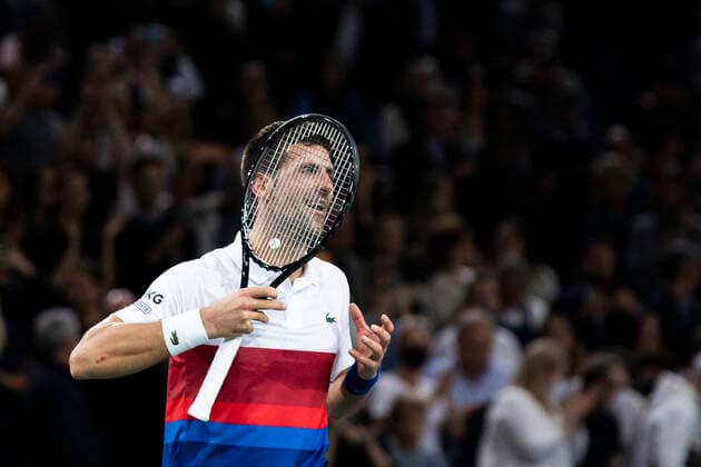 Paris, France, November 7, 2021 - Serbia s Novak Djokovic shows his joy after winning the men s single final tennis match of the Rolex Paris Masters tournament against Russia s Daniil Medvedev.  Copyright: xAlexisxSciardx