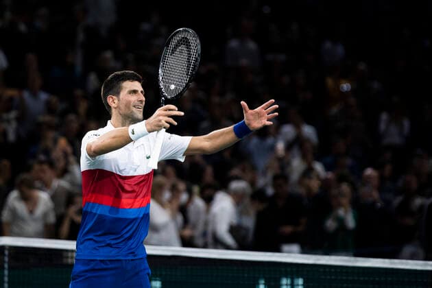 Paris, France, November 7, 2021 - Serbia s Novak Djokovic shows his joy after winning the men s single final tennis match of the Rolex Paris Masters tournament against Russia s Daniil Medvedev.  Copyright: xAlexisxSciardx